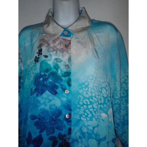 Soft Surroundings Blue Watercolor Floral Print Silk Blouse Size L‎ Career - Picture 3 of 6